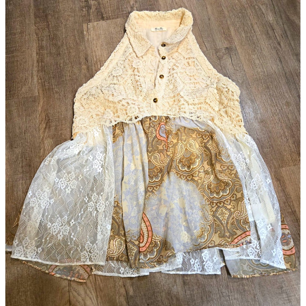Miss Me Lace Paisley Collared Sheer Button Blouse Long Sleeve White Size L